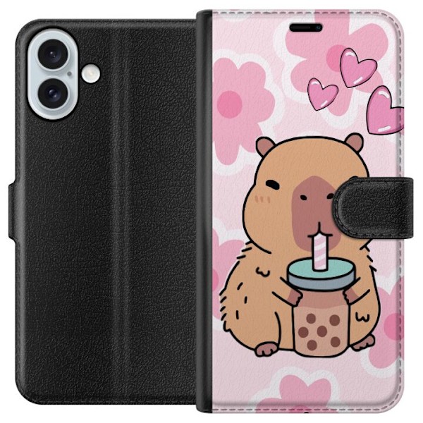 Apple iPhone 16 Plus Plånboksfodral Kawaii Capybara Hjärtan Anime Stil Söt Design Djurmotiv TikTok Populärt Present Tjej