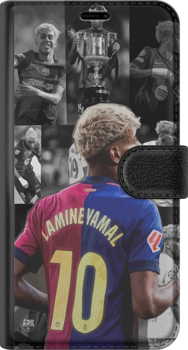 Kompatibel Tegnebogsetui til Apple iPhone 11 Pro Max Lamine Yamal-fodboldcollage i sort, blå og pink med dynamiske fodboldscener sort