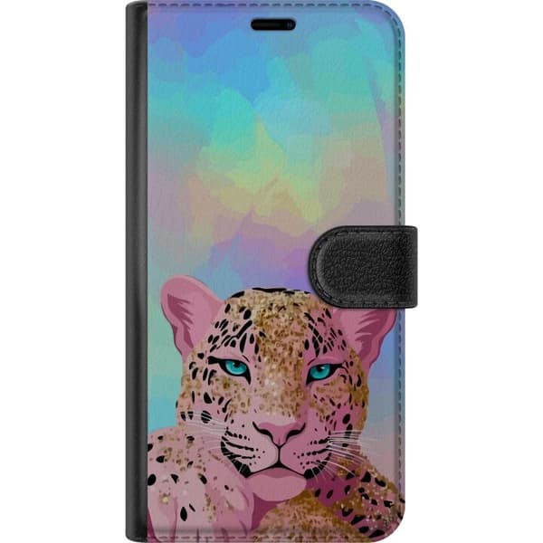 Kompatibel Tegnebogsetui til Apple iPhone 6 Pink leopard med turkise øjne, sorte pletter og guldfarvede detaljer mod pastelfarvet baggrund pink