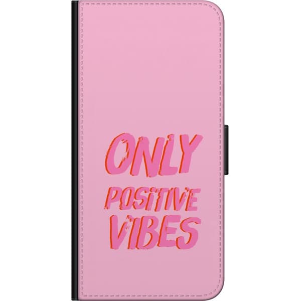 Kompatibel Tegnebogsetui til Xiaomi Redmi Note 8 Pro  Trendy tekstmotiv med Only Positive Vibes i pink og orange på lyserød baggrund pink