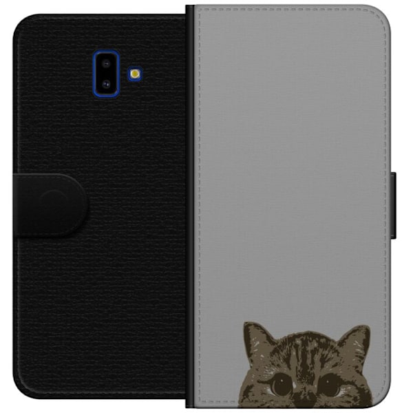 Samsung Galaxy J6+ Plånboksfodral Grå Kattblick – stilren kattdesign med grå bakgrund