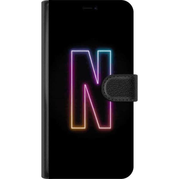 Kompatibel Tegnebogsetui til Apple iPhone 13 mini Minimalistisk neonbogstav N i farveskiftende lys mod sort baggrund