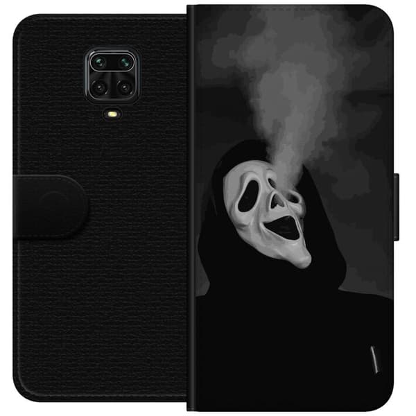 Kompatibel Tegnebogsetui til Xiaomi Redmi Note 9 Pro Sort-hvidt skrækmotiv med maskeret figur og dramatisk røg sort