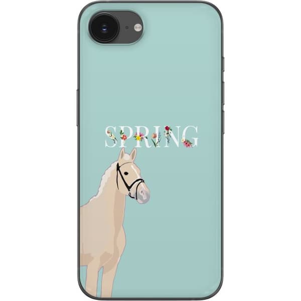 Kompatibel Mobilcover til Apple iPhone 17e Lys hest med blomster og teksten "Spring" på mintgrøn baggrund grøn