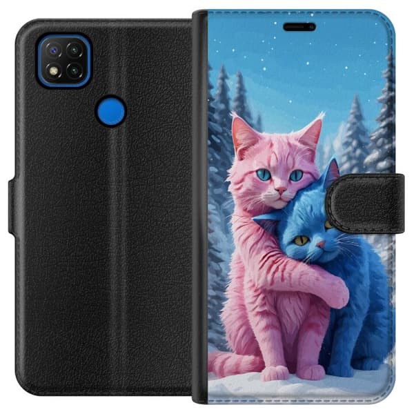 Kompatibel Tegnebogsetui til Xiaomi Redmi 9C Søde lyserøde og blå katte, der krammer i sneklædt vinterlandskab blå