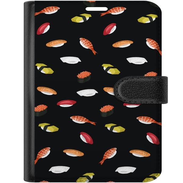 Kompatibel Tegnebogsetui til Apple iPhone Duo Mønster med sushi, nigiri, rejer og rogn mod sort baggrund sort