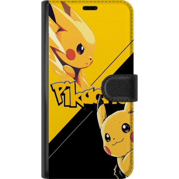 Kompatibel Tegnebogsetui til Google Pixel 6a Pikachu i to illustrerede versioner med grafiske sorte detaljer og gul baggrund gul