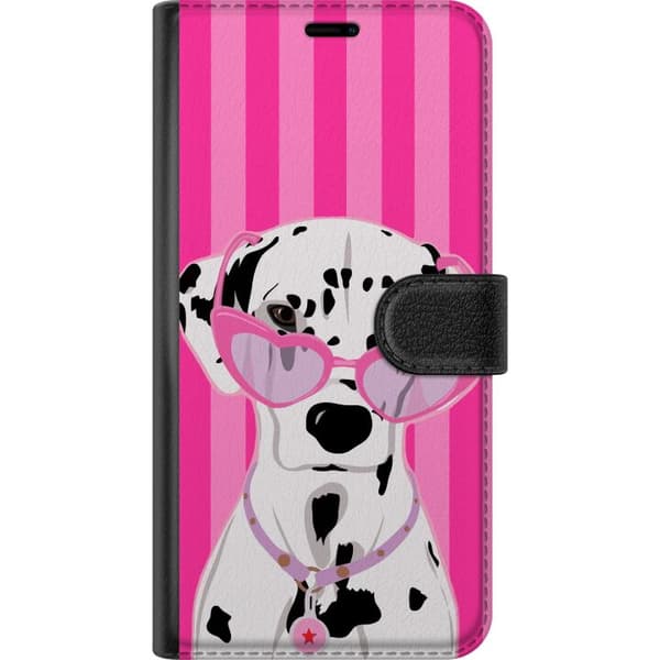 Kompatibel Tegnebogsetui til Nothing Phone (3a) Stilfuld dalmatiner med lyserøde hjerteformede solbriller mod en stribet lyserød baggrund pink