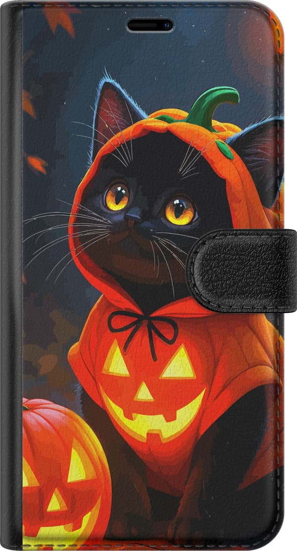 Kompatibel Tegnebogsetui til Google Pixel 6a Sort kat i orange græskarkostume med lysende græskar i et mørkt halloweenmiljø orange