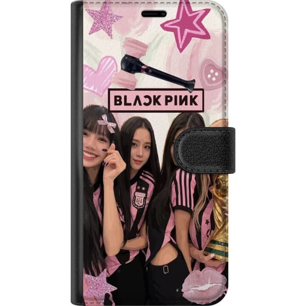 Kompatibel Tegnebogsetui til Apple iPhone X Blackpink-gruppemotiv i pink og sort med stjerner, hjerter og fodboldtema pink