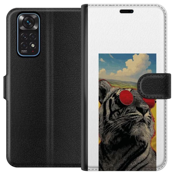 Kompatibel Tegnebogsetui til Xiaomi Redmi Note 11 Cool tiger med røde solbriller i pop kunststil grå
