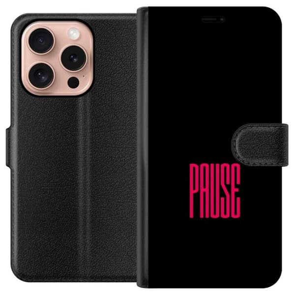 Kompatibel Tegnebogsetui til Apple iPhone 16 Pro Sort baggrund med stærk pink Pause-tekst, minimalistisk typografisk motiv med moderne grafisk design sort