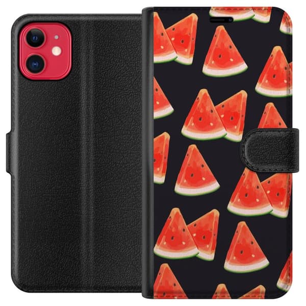 Kompatibel Tegnebogsetui til Apple iPhone 11 Vandmelonmønster, sommerfrugtskiver, vandmelon, sommer, mønster, mørk baggrund