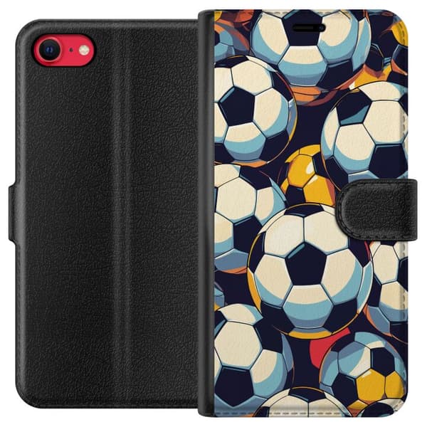 Kompatibel Tegnebogsetui til Apple iPhone SE (2020) Sømløst mønster med klassiske fodbold i grafisk stil sort