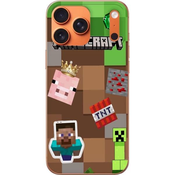 Kompatibelt Mobildeksel til Apple iPhone 18 Pro Max Blokinspirert motiv med figurer, dynamitt, krone og grønne pikselruter brun