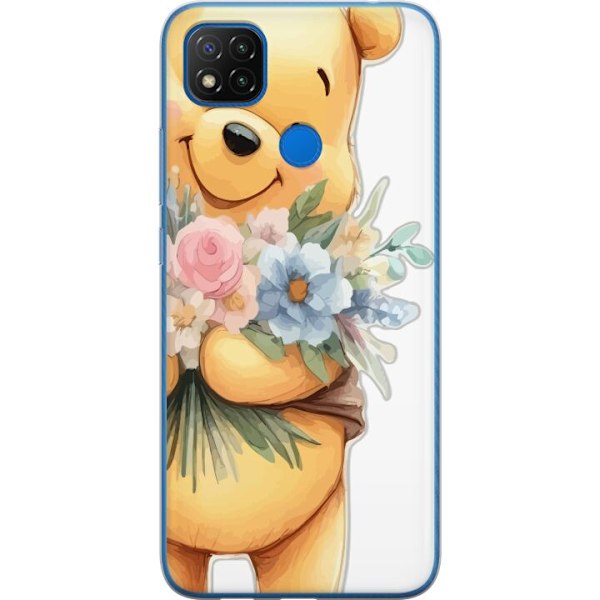 Xiaomi Redmi 9C NFC Genomskinligt Skal Nalle Puh med blommor – klassisk barnfavorit i blommande vårmiljö