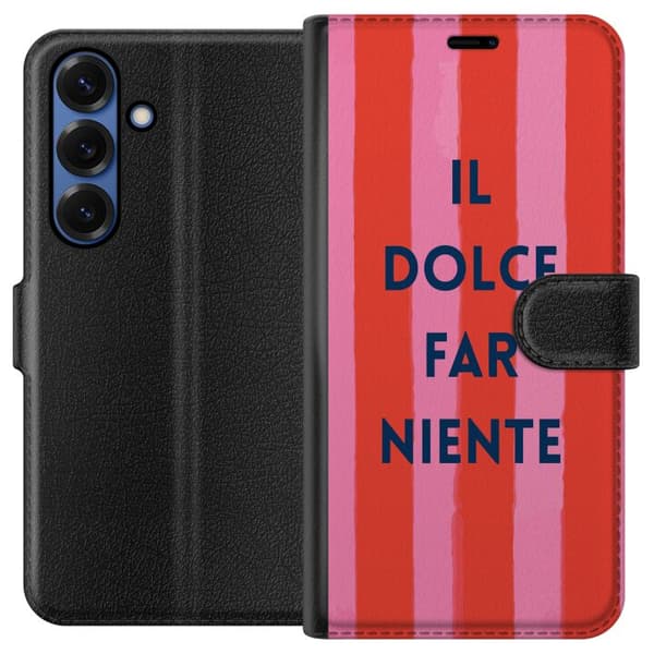 Kompatibel Tegnebogsetui til Samsung Galaxy S25+ Teksten Il Dolce Far Niente i mørkeblåt mod håndmalede rosa og røde striber pink