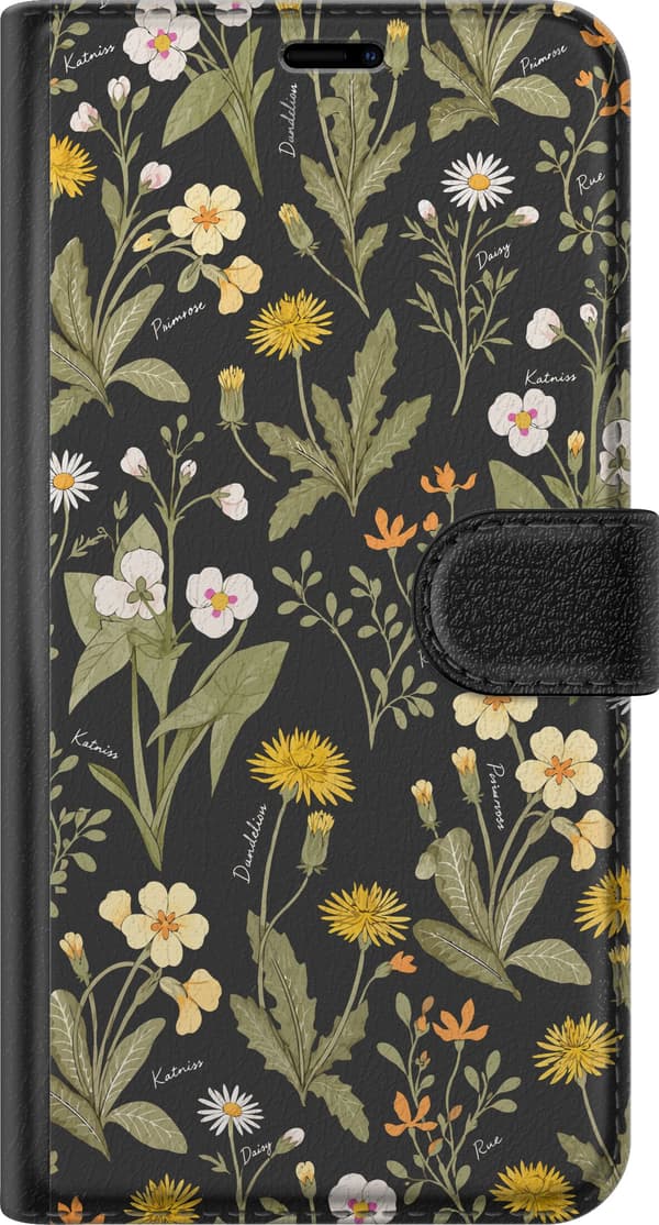 Kompatibel Tegnebogsetui til Google Pixel 11 Pro Hvide og gule engblomster med grønne blade i et tæt mønster på sort baggrund sort