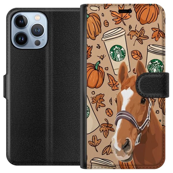 Kompatibelt Lommeboketui til Apple iPhone 13 Pro Max Illustrert hest blant gresskar, kaffekrus og oransje høstløv brun