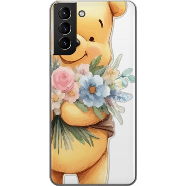 Samsung Galaxy S21+ 5G Genomskinligt Skal Nalle Puh med blommor – klassisk barnfavorit i blommande vårmiljö