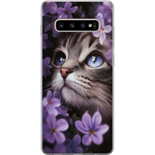 Kompatibelt Mobilskal till Samsung Galaxy S10+ Kat och blommor