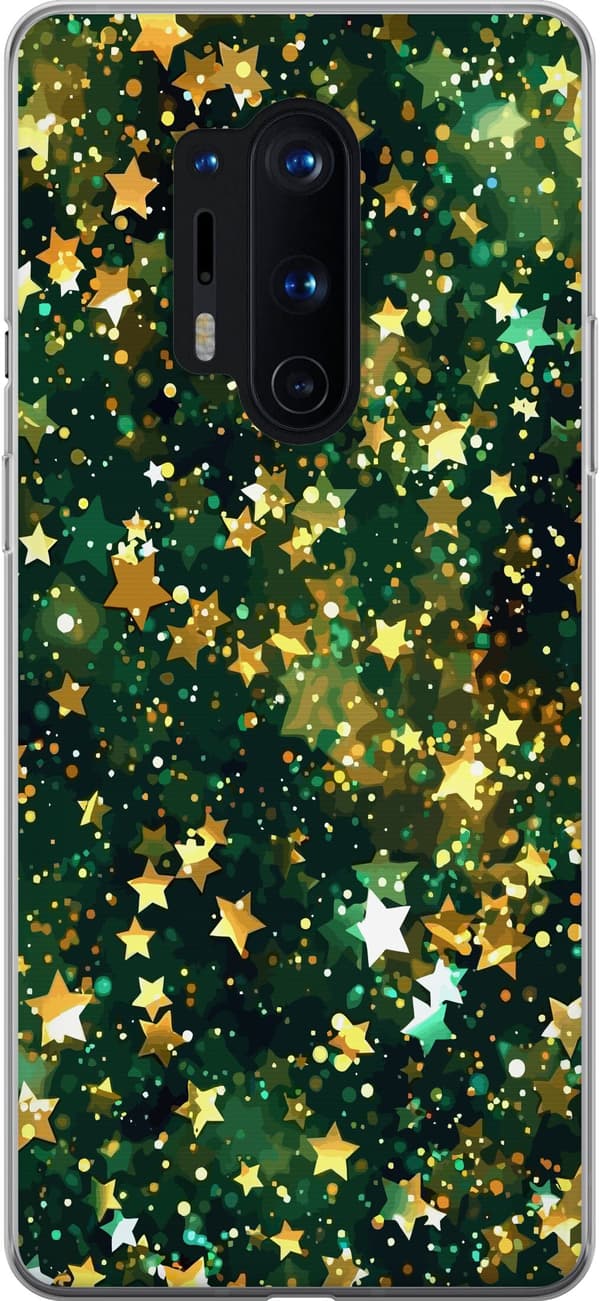 Kompatibelt Mobildeksel til OnePlus 8 Pro Glitrende gullstjerner og lyspunkter på dypgrønn bakgrunn grønn