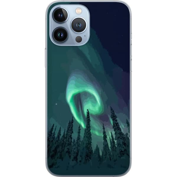 Kompatibelt Mobildeksel til Apple iPhone 13 Pro Max Grønt nordlys over mørk barskog under stjerneklar nattehimmel grønn