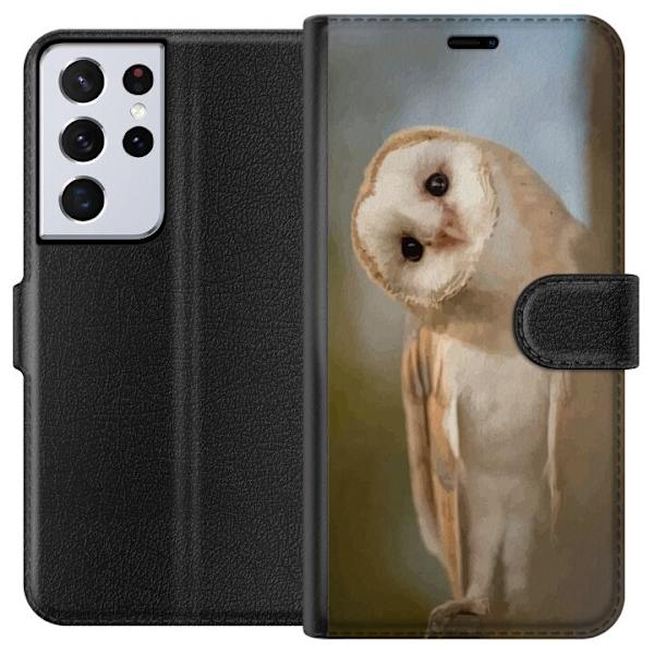 Samsung Galaxy S21 Ultra 5G Lompakkokotelo Uggla Utelias Katse Lintumotiivi Metsä Luonto Grafinen Suunnittelu Suosittu Motiivi Eläin Teema Koriste