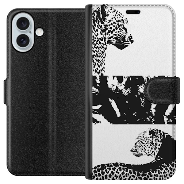 Apple iPhone 16 Plus Plånboksfodral Leopard Faces – trendigt mönster med leopardansikten
