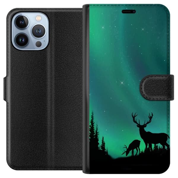 Kompatibelt Plånboksfodral till Apple iPhone 13 Pro Max Hjortar i siluett under norrsken