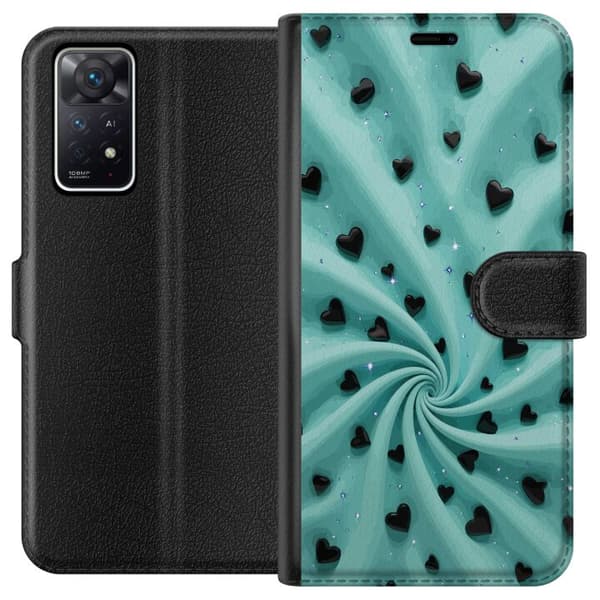 Kompatibel Tegnebogsetui til Xiaomi Redmi Note 11 Pro 5G Turkis hvirvelbaggrund med sorte hjerter og glitrende stjerner turkis