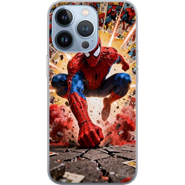 Kompatibelt Mobilskal till Apple iPhone 13 Pro Spider-Man hoppar genom explosion med serietidningsbakgrund