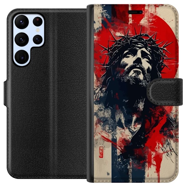Samsung Galaxy S24 Ultra Lompakkokotelo Jeesus ristillä - kristillinen aihe vahvalla symboliikalla uskosta ja toivosta