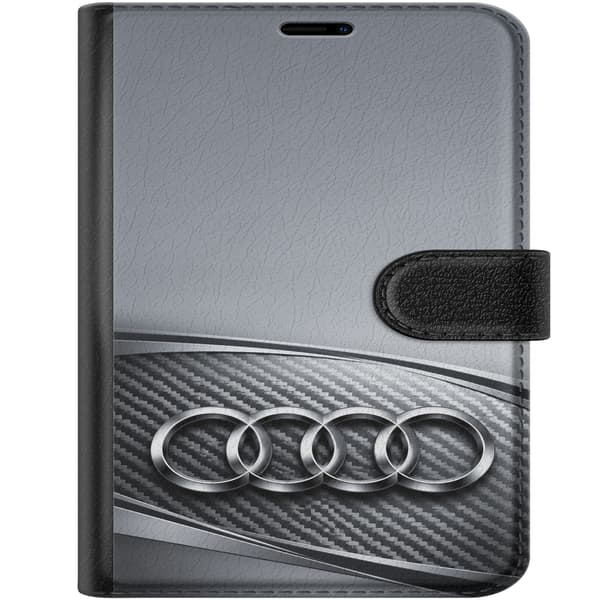 Kompatibel Tegnebogsetui til Apple iPhone Duo Audi – Sølvfarvede ringe – Fire sølvfarvede ringe over grå og sorte diagonale linjer på grå baggrund grå