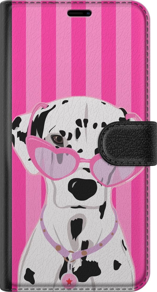 Kompatibel Tegnebogsetui til Samsung Galaxy A57 Stilfuld dalmatiner med lyserøde hjerteformede solbriller mod en stribet lyserød baggrund pink