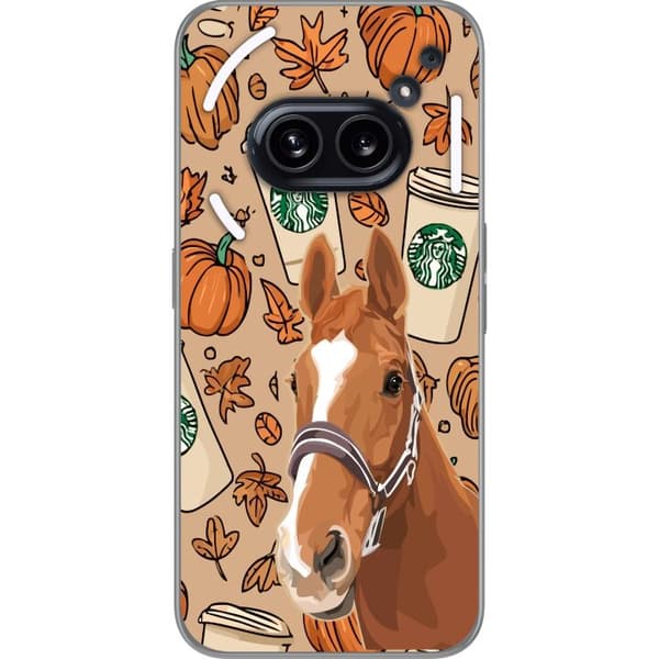 Kompatibelt Mobildeksel til Nothing Phone (2a) Plus Illustrert hest blant gresskar, kaffekrus og oransje høstløv brun