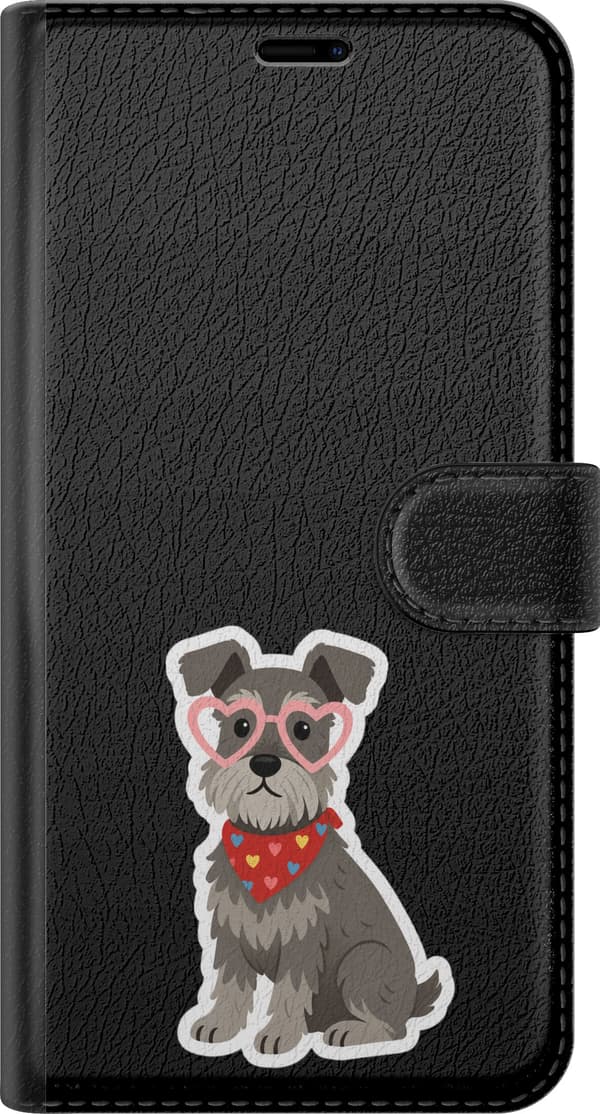 Kompatibelt Lommeboketui til Apple iPhone 7 Plus Hjertebrillehund - Grått motiv med schnauzer med rosa hjertebriller. grå
