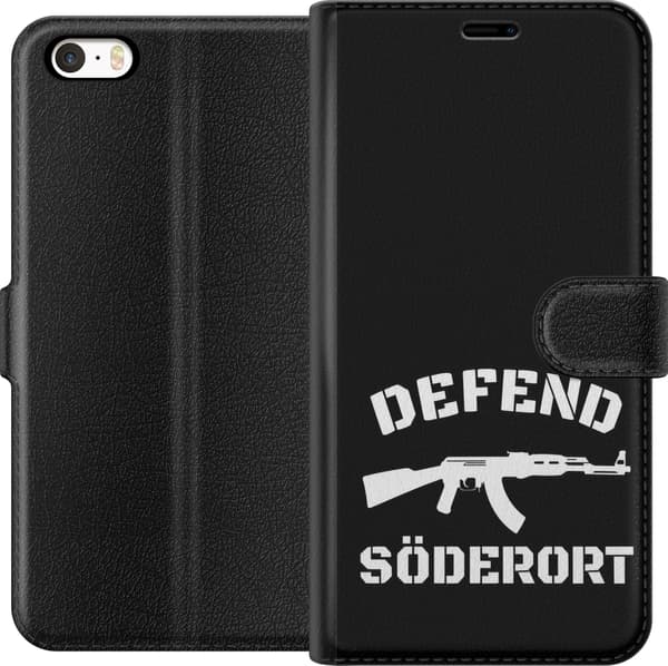 Kompatibel Tegnebogsetui til Apple iPhone 5s Sort Söderort - hvidt områdeslogan og hvid våbensilhuet på sort baggrund sort