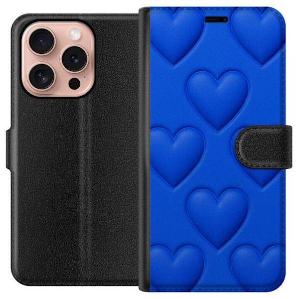 Apple iPhone 16 Pro Tegnebogsetui Blå Hjerter