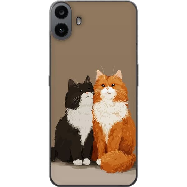 Kompatibel Mobilcover til Nothing CMF Phone 1 Illustrerede sort-hvide og orange-hvide katte sammen mod brun baggrund brun
