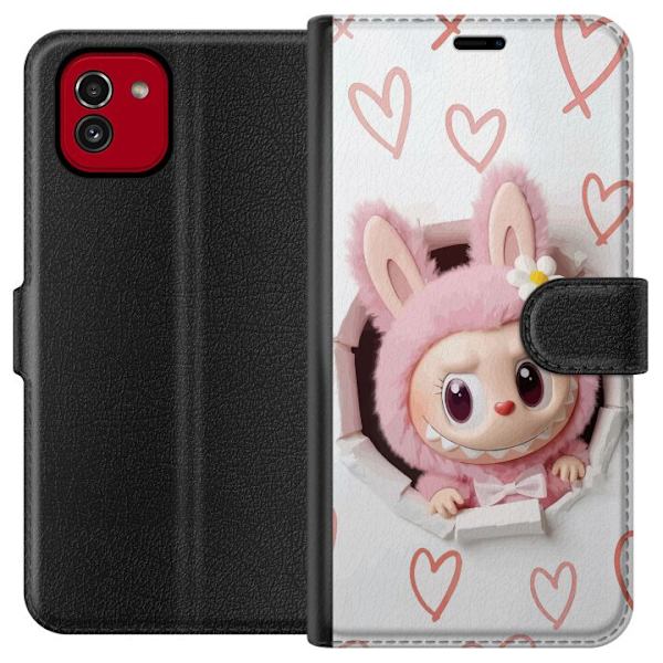 Samsung Galaxy A03 Lompakkokotelo Labubu Sydän Taustakuva Pop Mart Rakkausteema Hahmodesign Suosittu Motiivi Keräilytaideteossarja
