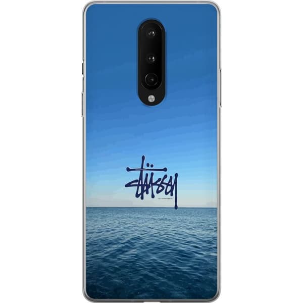 Kompatibelt Mobildeksel til OnePlus 8 Havspanorama med blå himmel og stilig surf-inspirert logo blå