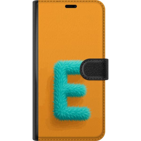 Kompatibel Tegnebogsetui til Apple iPhone 14 Plus Turkis loddet bogstav E med blød pelsstruktur på orange baggrund orange