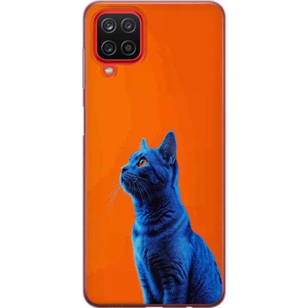 Kompatibelt Mobildeksel til Samsung Galaxy A12 Blå katt med oransje bakgrunn i moderne popkunststil blå