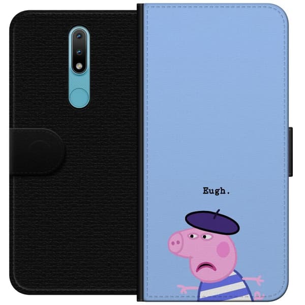 Kompatibel Tegnebogsetui til Nokia 2.4 Peppa Pig-motiv med lilla basker, stribet trøje og teksten Eugh på lyseblå baggrund blå