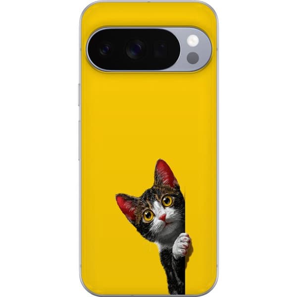 Kompatibel Mobilcover til Google Pixel 10 Pro Sød kat, der kigger ud mod gul minimalistisk baggrund gul