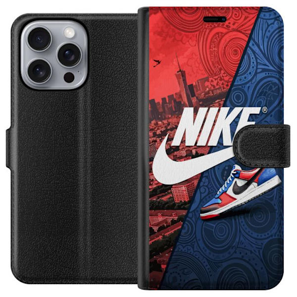 Apple iPhone 16 Pro Max Plånboksfodral Nike Logotyp Röd Blå Sneaker Stil Sport Fashion Populärt Swoosh Motiv Träningskläder Grafisk Ikon