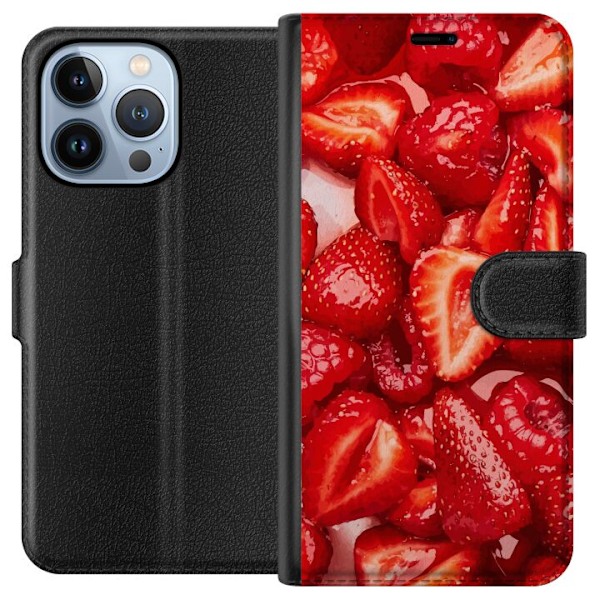 Apple iPhone 13 Pro Tegnebogsetui Jordbærmønster - sødt motiv med sommerstemning