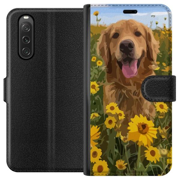 Sony Xperia 10 V Lompakkokotelo Kultainennoutaja Auringonkukkapelto Koiramotiivi Luonto Kesä Suunnittelu Suosittu Koirarotu Perheen suosikki