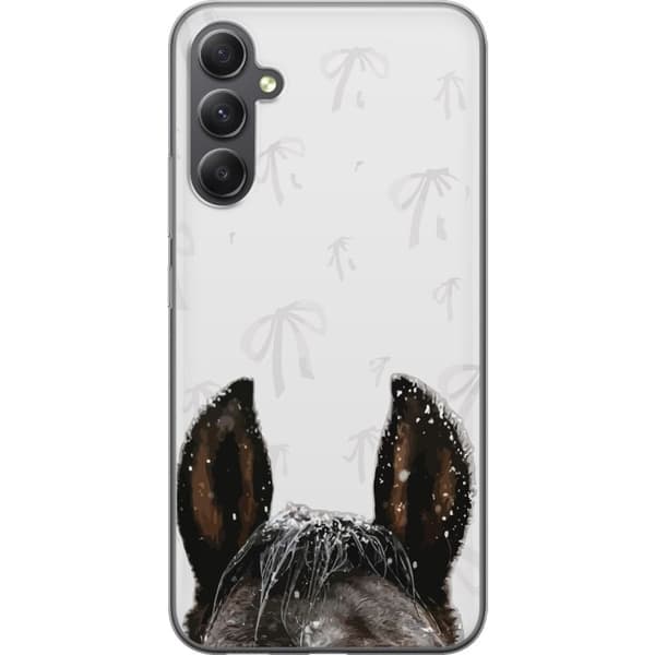 Kompatibelt Mobildeksel til Samsung Galaxy A35 Nærbilde av mørke hesteører med snø og et diskret mønster av lyse rosetter hvit